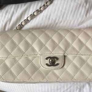 Chanel Ivory Quilted Clutch with Silver Chain
